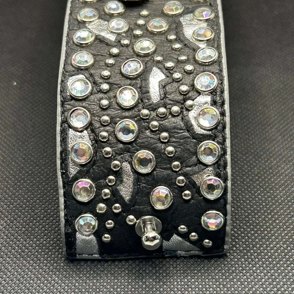 Punk Western Leather Cross Cuff Bracelet Black Silver Rhinestone Studded Edgy 7